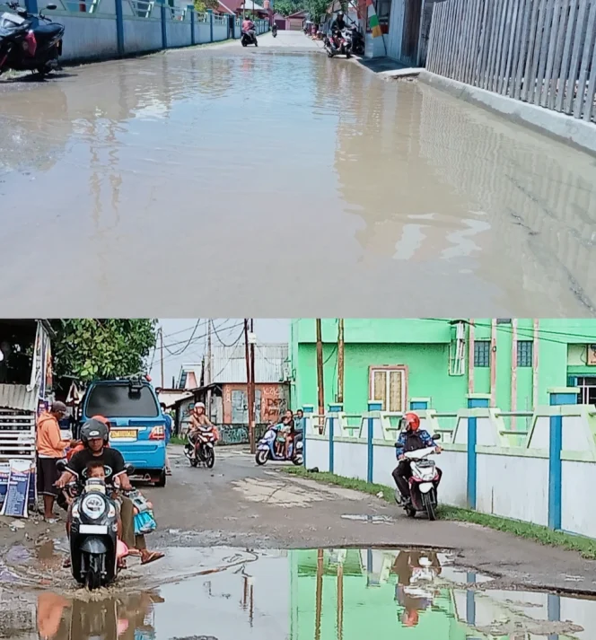 
Foto: kondisi jalan berlubang yang dipenuhi genangan air di Desa Fogi, Kecamatan Sanana. (doc: bacaritamalut.com)