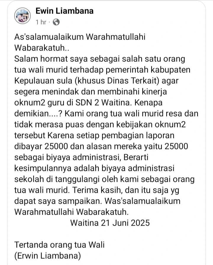 Wali Murid Protes Dugaan Pungli di SD Negeri 2 Waitina, Dinas Pendidikan Angkat Suara