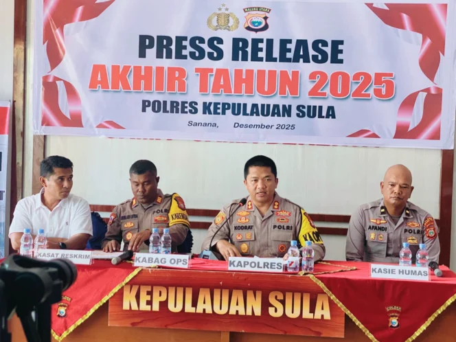 
Foto: Polres Kepulauan Sula saat melaksanakan Konferensi pers akhir tahun 2025. (doc: bacaritamalut.com)