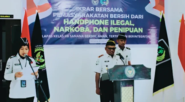 Foto: Lapas Kelas IIB Sanana saat menggelar ikrar pemasyarakatan bersih dari handphone ilegal, narkoba, dan praktik penipuan (doc: istimewa)