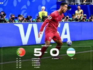 Foto: Cristiano Ronaldo selebrasi saat mencetak gol ke gawang Uzbekistan. (doc: istimewa)